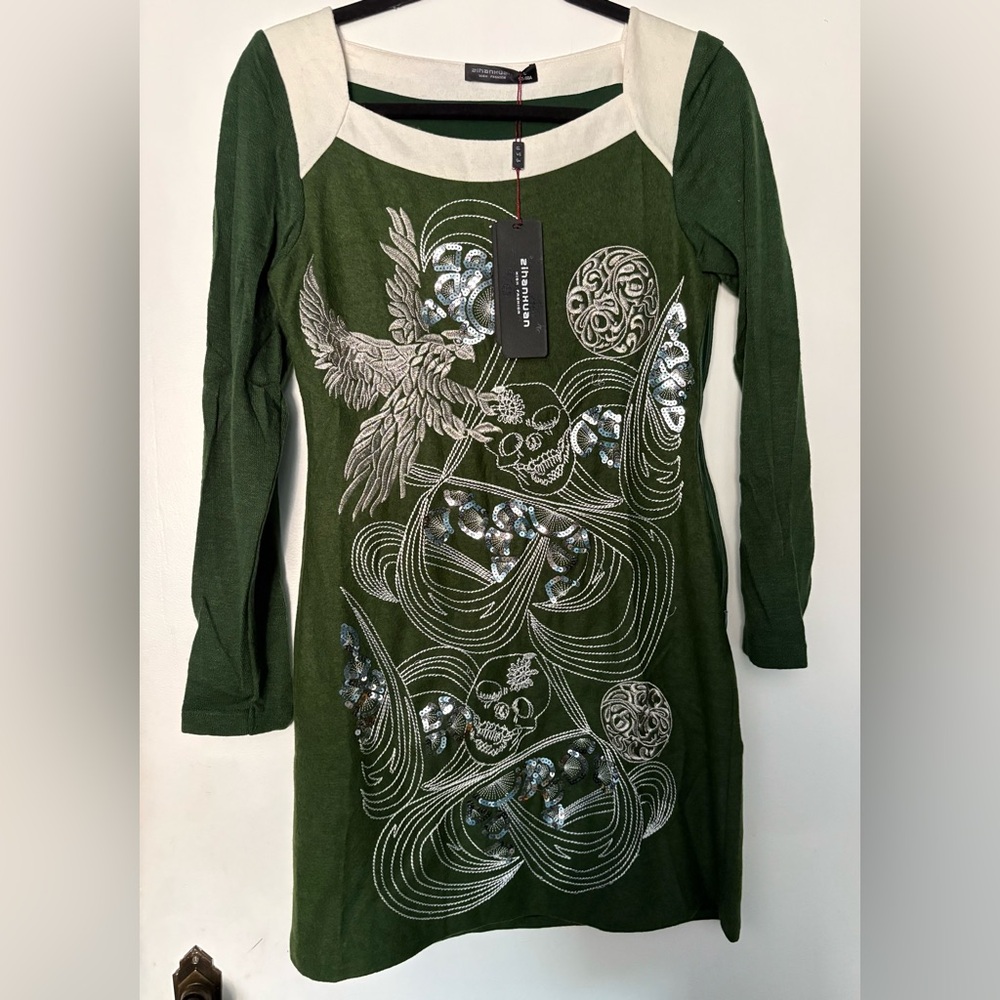 Olive Green Long Sleeve Dress with Silver Beading & Stiching